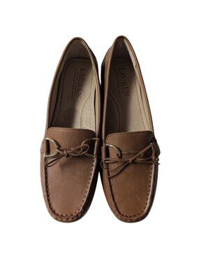 Ralph Lauren Womens Warm Brown Leather Bow Tie Driving Loafer Shoes Size 7 NWOB